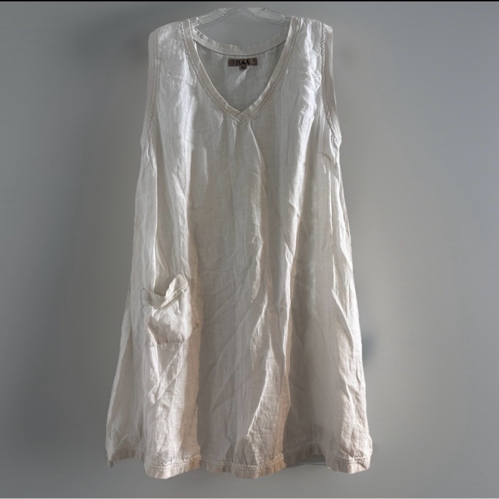 Flax white linen sleeveless V Neck dress pocket XL - Picture 6 of 8